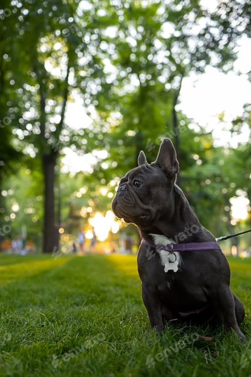 Preview: beautiful black french bulldog being trained in the park