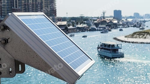 Preview: Solar panels soaking up the sun at the beach to power lights on bridge.