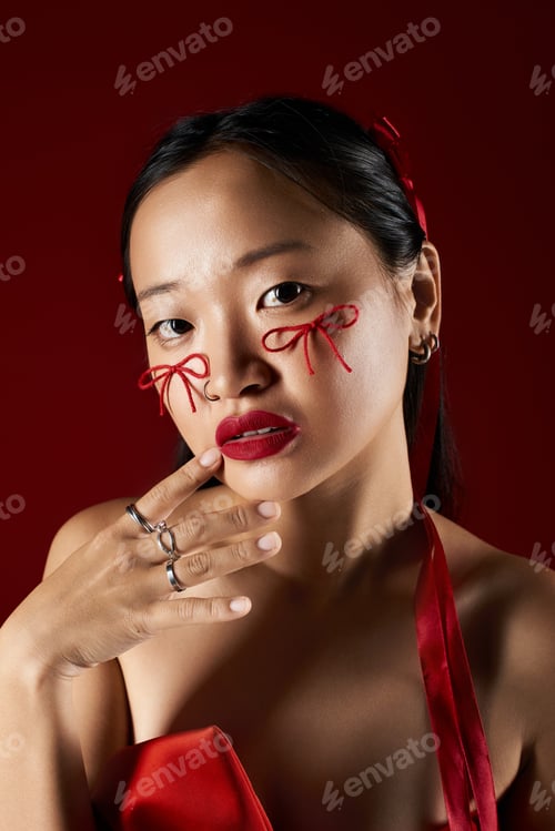 Preview: Creative makeup look featuring bows on cheeks and bold red lips in studio setting