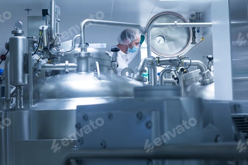 Preview: Worker operating pharmaceutical production equipment in pharmaceutical plant