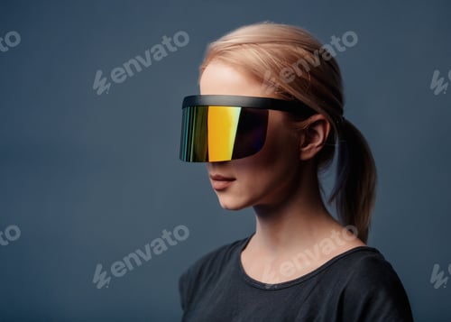 Preview: Woman in futuristic glasses on grey background