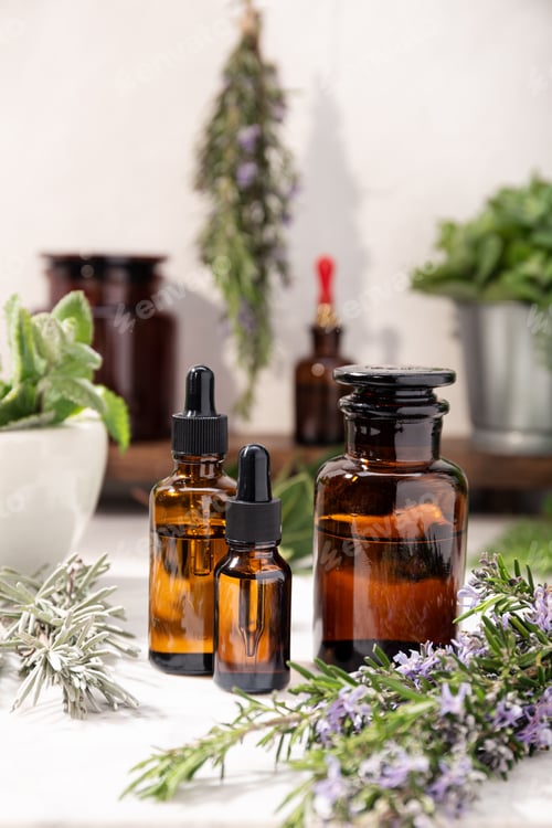 Preview: Herbal essential oil on amber glass bottles
