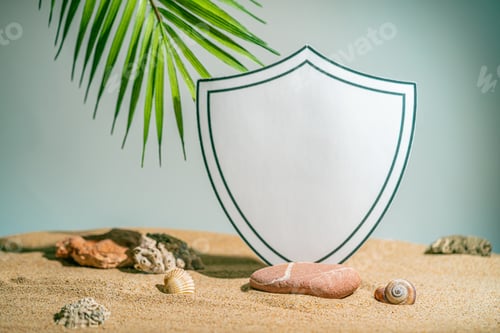 Preview: White shield cutout on sand with palm leaf,