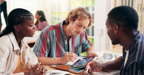 Preview: Teamwork, students or people on tablet for university exam in class with information, research or e