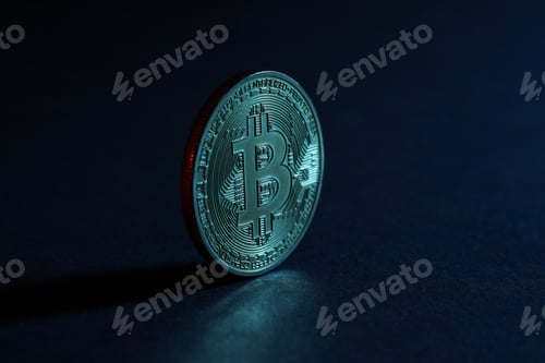 Preview: Cryptocurrency. Bitcoin on blue background, closeup view