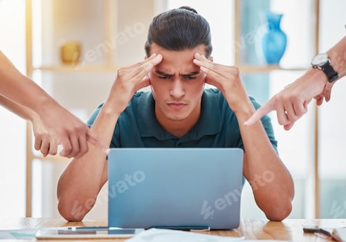 Preview: Stress, anxiety and burnout of business man in busy, difficult and frustrated office. Working with