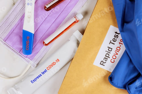 Preview: Coronavirus global pandemic rapid test for COVID-19 of a with gloves sterile surgical mask