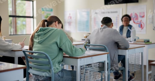 Preview: Back, education or class in high school for exam, lesson or biology assessment. Questionnaire, writ