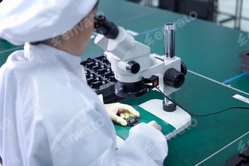 Preview: Worker using microscope in factory that specialises in creating functional circuits on flexible