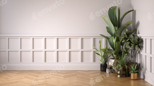 Preview: Empty classic art deco interior room with plants