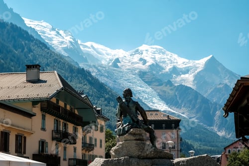 Preview: Chamonix, France - August 22, 2022: Views of the snowy mountains from the center of Chamonix.