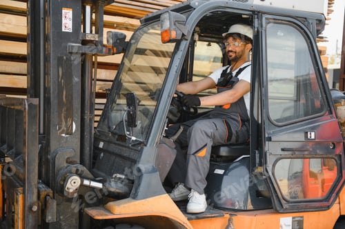 Preview: Warehouse worker driving forklift carrying lumber in timber yard