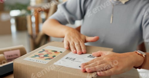 Preview: Woman, hands and package label for delivery of e commerce order, shipping information and courier.