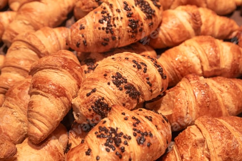 Preview: Close-up, croissants on a counter in a supermarket.