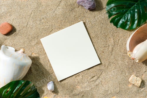 Preview: Greeting mockup card on a sand beach with shells and leaves