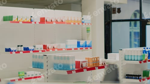 Preview: Pharmacy shop shelves filled with boxes of medicaments and supplements