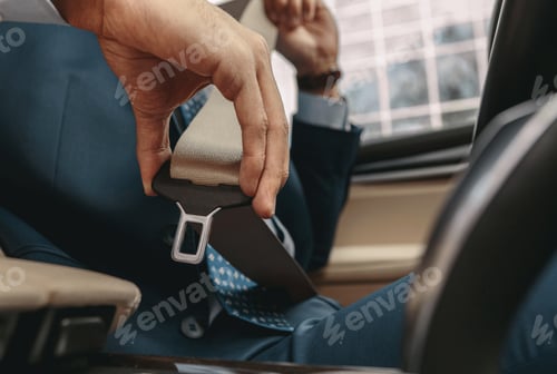 Preview: Image of man sitting behind steering wheel of his car and fastening seat belt