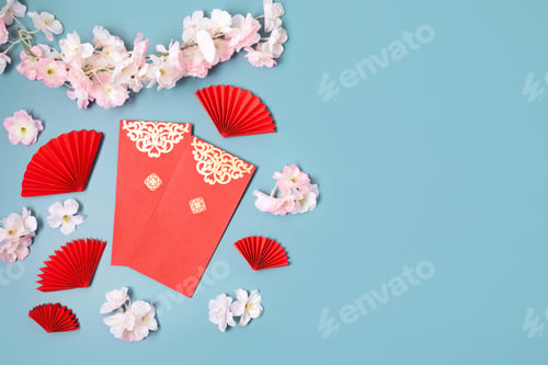 Preview: Chinese new year festival decoration over blue background. Traditional lunar new year flat lay