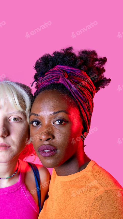 Preview: Portrait of two diverse women friends posing isolated copy space background