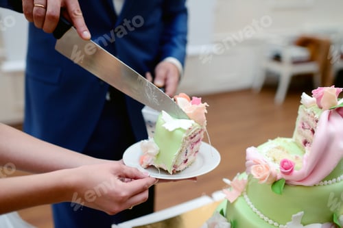 Preview: Beauty bride and handsome groom are cutting a wedding cake