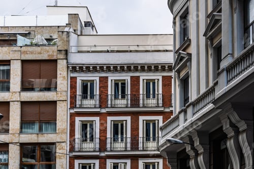 Preview: A close-up view of Madrid architectural elegance along the bustling Gran Via street.