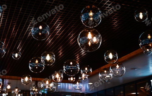 Preview: round-shaped LED lamps in the form of a ball on the ceiling, ceiling lighting in rooms, energy-savin