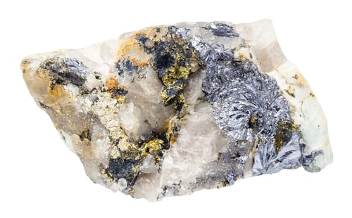 Preview: unpolished molybdenite and chalcopyrite in beryl