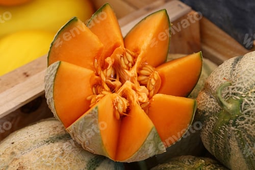 Preview: Close up fresh cantaloupe melons on retail display