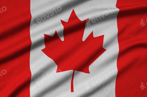 Preview: Canada flag is depicted on a sports cloth fabric with many folds. Sport team waving banner