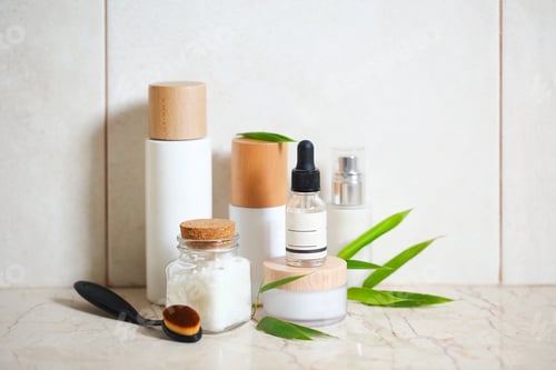 Preview: Face cream, serum, lotion, moisturizer and sea salt among bamboo leaves
