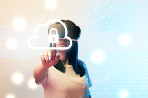 Preview: young woman in virtual reality headset pointing with finger at internet security illustration on