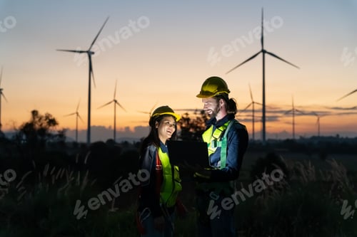 Preview: Multiracial colleagues examining wind turbines blueprints. Windmills on sunset