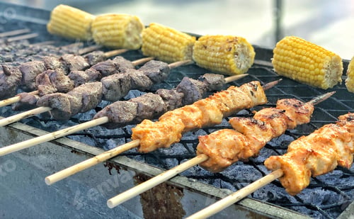 Preview: Backyard barbecue Local neighborhood cookout Chicken Lamb Kabab Skewer Hot Charcoal grill Corn on