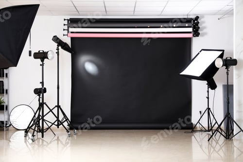 Preview: Photo studio interior with set of professional equipment