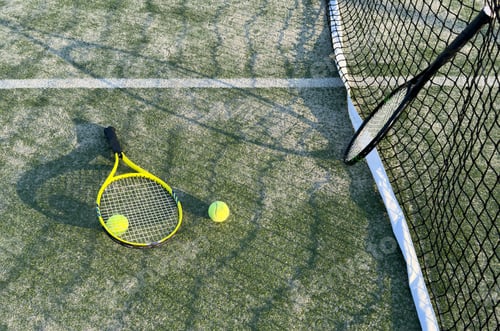 Preview: tennis racket with balls on green background.