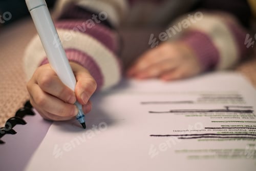 Preview: Caucasian Child Writing with Marker While Studying at Home