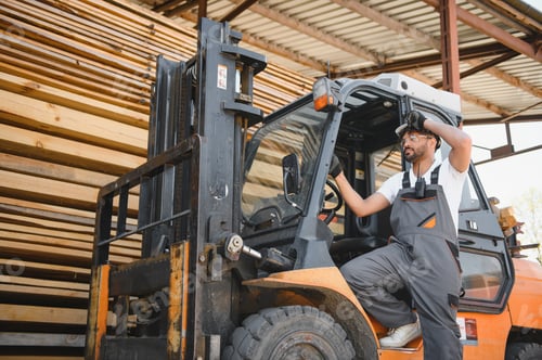 Preview: Warehouse worker preparing to operate forklift near lumber stacks