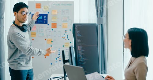 Preview: Software developers mentor leader manager talk strategy plan to executive write prompt AI bot IT app
