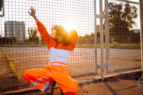 Preview: Young American woman - dancer dancing in street at sunset. Stylish woman showing some moves