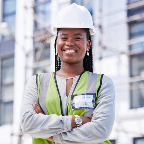 Preview: Architecture, project management and portrait of black woman at construction site for civil enginee