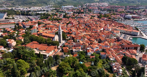 Preview: Aerial view of Izola, Church of St. Maurus, Gothic bell tower, Istria, Slovenia