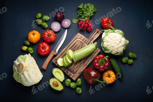 Preview: Fresh various vegetables, cut zucchini on wooden cutting board and knife on rustic dark background