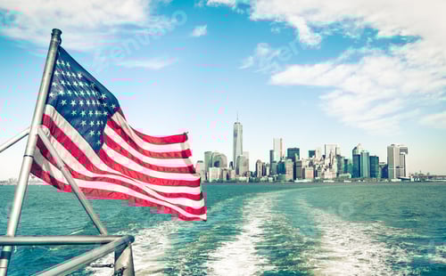 Preview: New York and Manhattan skyline from Hudson river with American Flag