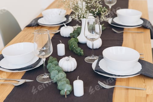 Preview: Thanksgiving table setting, tableware and decor, decoration, family holiday. Autumn mockup.