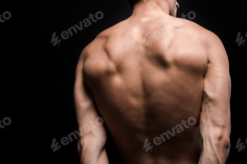 Preview: cropped back view of shirtless man posing isolated on black