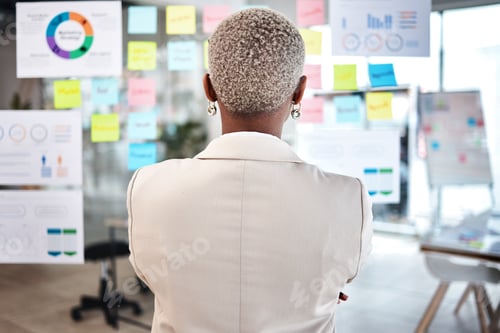 Preview: Business woman, back and thinking in project management, marketing or planning at the office. Rear
