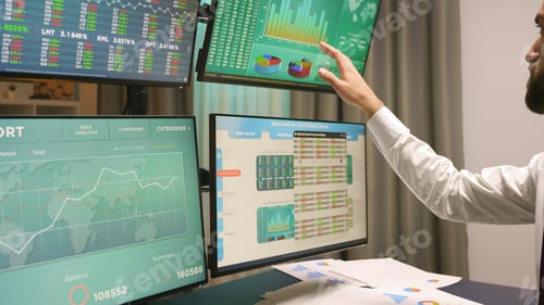 Preview: Broker arriving in home office and checking the stock market