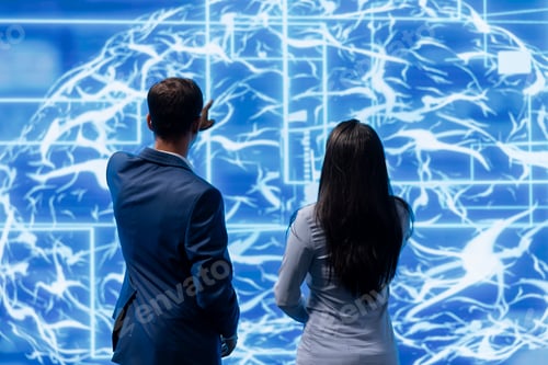 Preview: High tech workspace colleagues using AR visualization of AI system