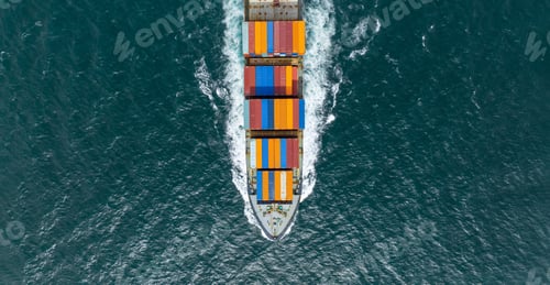 Preview: webinar banner, Aerial top view of cargo maritime ship with contrail in the ocean ship carrying