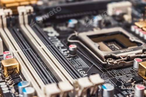 Preview: RAM slots on the motherboard close-up at the time of repair in the workshop